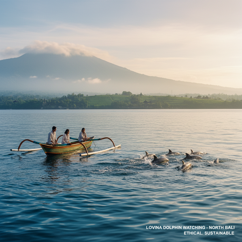 Tourists in a traditional jukung boat watching wild dolphins swim during their north Bali travel.
