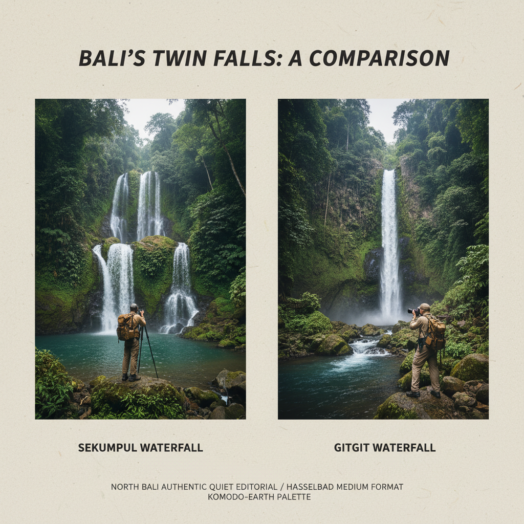 Two photographers capturing the majestic Sekumpul and Gitgit waterfalls, highlighting the beauty of north Bali travel.