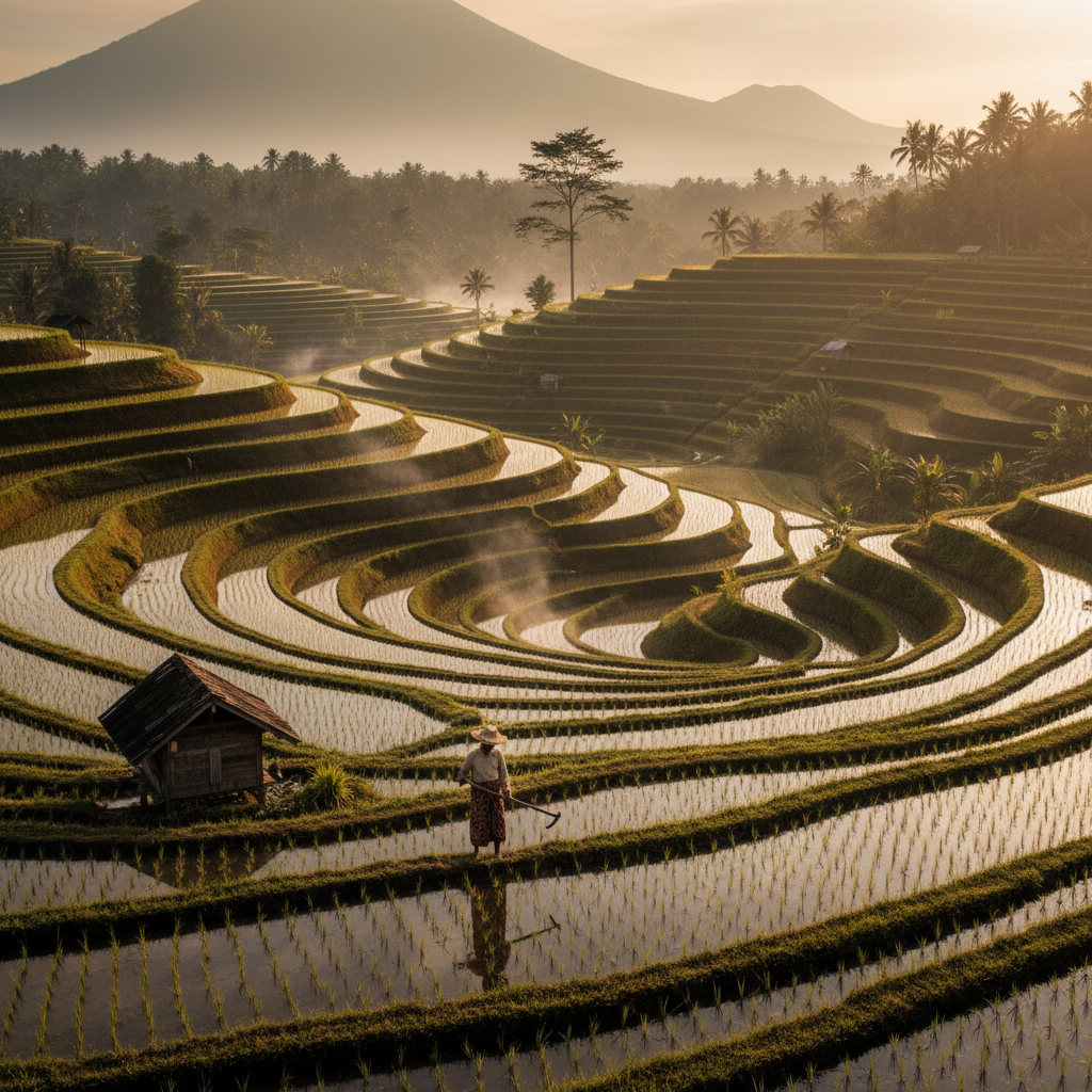 Balinese farmer in traditional hat working flooded rice terraces at sunrise, showcasing north Bali's serene landscapes.